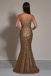 Goldenen Glitzerndes Trägerloses Meerjungfrauen Ballkleid mit Pailletten und Schlitz